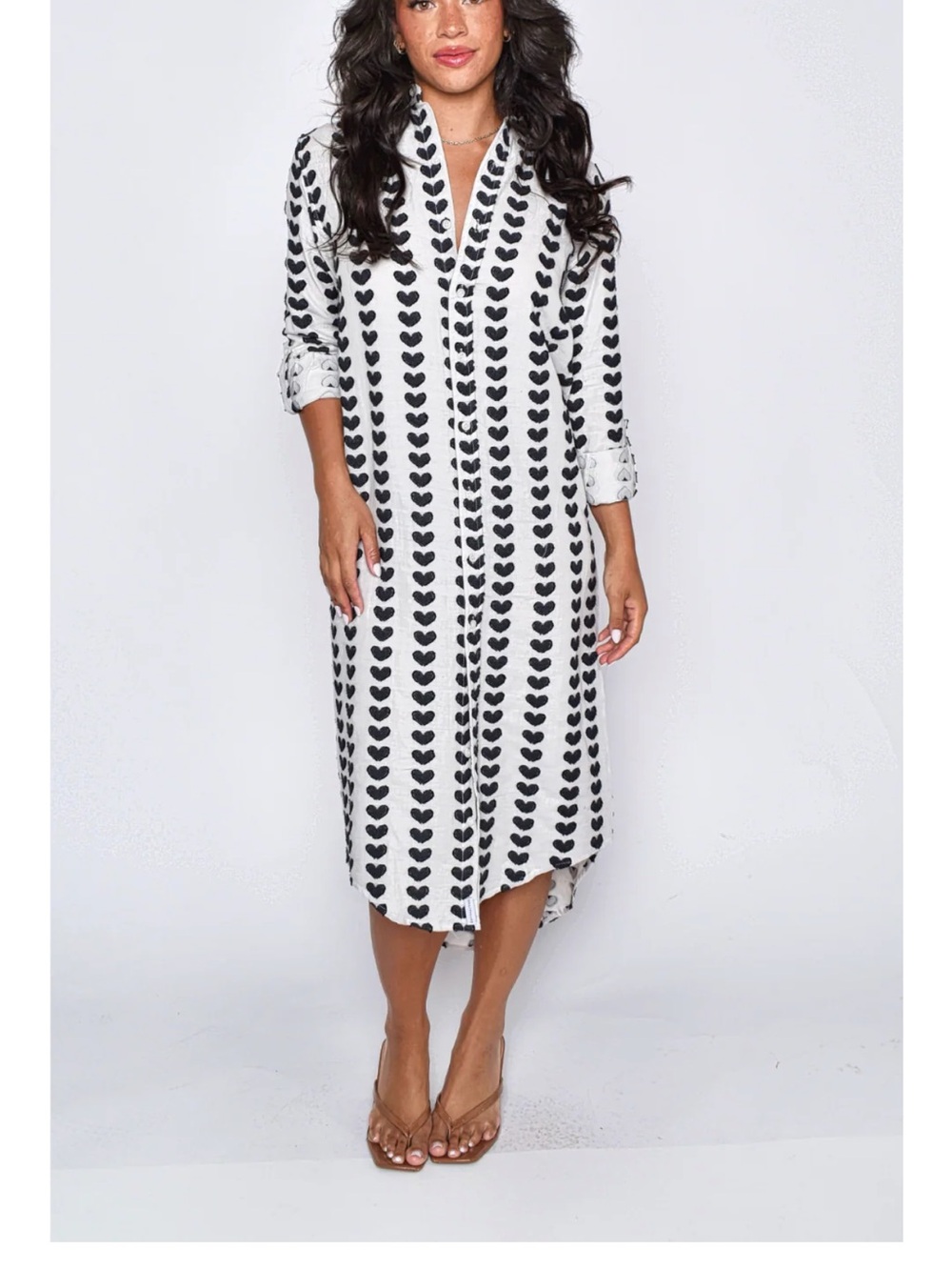 Emilyphillips White and Black Heart-Print Shirt Dress